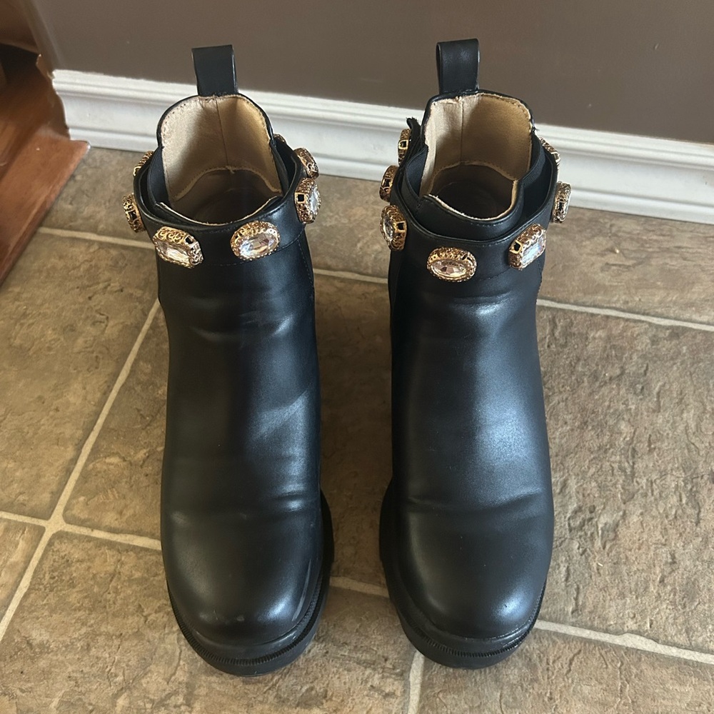 Steve Madden Black Ankle Boots with Gold Embellishments